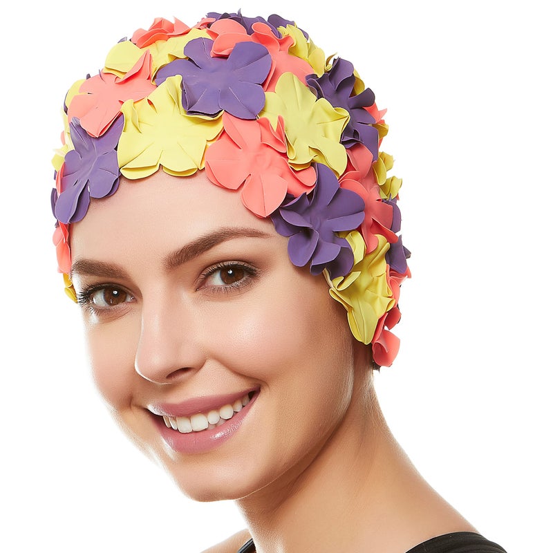 BEEMO Floral Petal Ladies Bathing Swim Cap - Purple/Yellow/Pink - Image 1